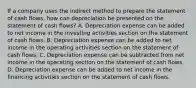 If a company uses the indirect method to prepare the statement of cash​ flows, how can depreciation be presented on the statement of cash​ flows? A. Depreciation expense can be added to net income in the investing activities section on the statement of cash flows. B. Depreciation expense can be added to net income in the operating activities section on the statement of cash flows. C. Depreciation expense can be subtracted from net income in the operating section on the statement of cash flows. D. Depreciation expense can be added to net income in the financing activities section on the statement of cash flows.