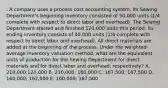 . A company uses a process cost accounting system. Its Sewing Department's beginning inventory consisted of 50,000 units (1/4 complete with respect to direct labor and overhead). The Sewing Department started and finished 120,000 units this period. Its ending inventory consists of 40,000 units (1/4 complete with respect to direct labor and overhead). All direct materials are added at the beginning of the process. Under the weighted-average inventory valuation method, what are the equivalent units of production for the Sewing Department for direct materials and for direct labor and overhead, respectively? A. 210,000;120,000 B. 210,000; 180,000 C. 167,500; 167,500 D. 160,000; 162,500 E. 160,000; 167,500