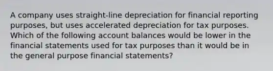 A company uses straight-line depreciation for financial reporting purposes, but uses accelerated depreciation for tax purposes. Which of the following account balances would be lower in the financial statements used for tax purposes than it would be in the general purpose financial statements?