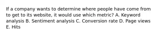 If a company wants to determine where people have come from to get to its website, it would use which metric? A. Keyword analysis B. Sentiment analysis C. Conversion rate D. Page views E. Hits