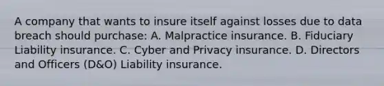 A company that wants to insure itself against losses due to data breach should purchase: A. Malpractice insurance. B. Fiduciary Liability insurance. C. Cyber and Privacy insurance. D. Directors and Officers (D&O) Liability insurance.