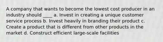 A company that wants to become the lowest cost producer in an industry should ____ a. Invest in creating a unique customer service process b. Invest heavily in branding their product c. Create a product that is different from other products in the market d. Construct efficient large-scale facilities