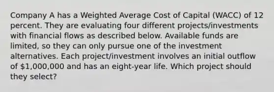 Company A has a Weighted Average Cost of Capital (WACC) of 12 percent. They are evaluating four different projects/investments with financial flows as described below. Available funds are limited, so they can only pursue one of the investment alternatives. Each project/investment involves an initial outflow of 1,000,000 and has an eight-year life. Which project should they select?