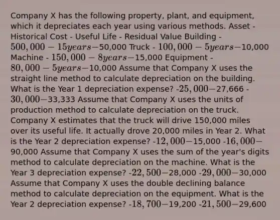 Company X has the following property, plant, and equipment, which it depreciates each year using various methods. Asset - Historical Cost - Useful Life - Residual Value Building - 500,000 - 15 years -50,000 Truck - 100,000 - 5 years -10,000 Machine - 150,000 - 8 years -15,000 Equipment - 80,000 - 5 years -10,000 Assume that Company X uses the straight line method to calculate depreciation on the building. What is the Year 1 depreciation expense? -25,000 -27,666 -30,000 -33,333 Assume that Company X uses the units of production method to calculate depreciation on the truck. Company X estimates that the truck will drive 150,000 miles over its useful life. It actually drove 20,000 miles in Year 2. What is the Year 2 depreciation expense? -12,000 -15,000 -16,000 -90,000 Assume that Company X uses the sum of the year's digits method to calculate depreciation on the machine. What is the Year 3 depreciation expense? -22,500 -28,000 -29,000 -30,000 Assume that Company X uses the double declining balance method to calculate depreciation on the equipment. What is the Year 2 depreciation expense? -18,700 -19,200 -21,500 -29,600