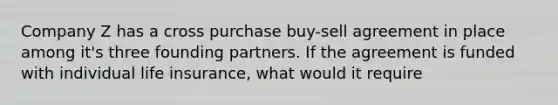 Company Z has a cross purchase buy-sell agreement in place among it's three founding partners. If the agreement is funded with individual life insurance, what would it require