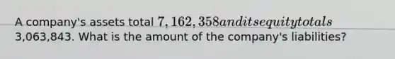 A company's assets total 7,162,358 and its equity totals3,063,843. What is the amount of the company's liabilities?