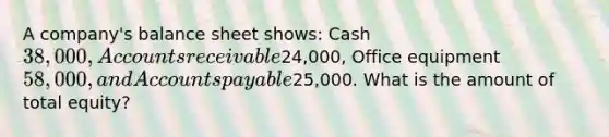 A company's balance sheet shows: Cash 38,000, Accounts receivable24,000, Office equipment 58,000, and Accounts payable25,000. What is the amount of total equity?