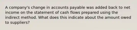 A company's change in accounts payable was added back to net income on the statement of cash flows prepared using the indirect method. What does this indicate about the amount owed to suppliers?