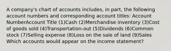 A company's chart of accounts includes, in part, the following account numbers and corresponding account titles: Account NumberAccount Title (1)Cash (2)Merchandise inventory (3)Cost of goods sold (4)Transportation-out (5)Dividends (6)Common stock (7)Selling expense (8)Loss on the sale of land (9)Sales Which accounts would appear on the income statement?