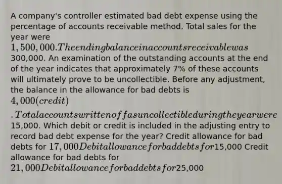 A company's controller estimated bad debt expense using the percentage of accounts receivable method. Total sales for the year were 1,500,000. The ending balance in accounts receivable was300,000. An examination of the outstanding accounts at the end of the year indicates that approximately 7% of these accounts will ultimately prove to be uncollectible. Before any adjustment, the balance in the allowance for bad debts is 4,000 (credit). Total accounts written off as uncollectible during the year were15,000. Which debit or credit is included in the adjusting entry to record bad debt expense for the year? Credit allowance for bad debts for 17,000 Debit allowance for bad debts for15,000 Credit allowance for bad debts for 21,000 Debit allowance for bad debts for25,000