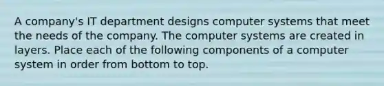 A company's IT department designs computer systems that meet the needs of the company. The computer systems are created in layers. Place each of the following components of a computer system in order from bottom to top.