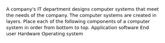 A company's IT department designs computer systems that meet the needs of the company. The computer systems are created in layers. Place each of the following components of a computer system in order from bottom to top. Application software End user Hardware Operating system