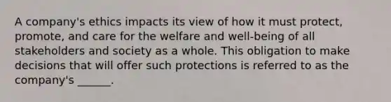 A company's ethics impacts its view of how it must protect, promote, and care for the welfare and well-being of all stakeholders and society as a whole. This obligation to make decisions that will offer such protections is referred to as the company's ______.