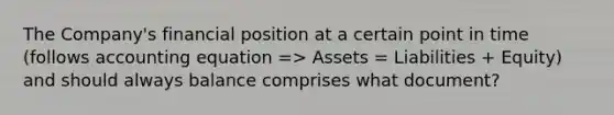 The Company's financial position at a certain point in time (follows accounting equation => Assets = Liabilities + Equity) and should always balance comprises what document?