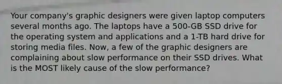 Your company's graphic designers were given laptop computers several months ago. The laptops have a 500-GB SSD drive for the operating system and applications and a 1-TB hard drive for storing media files. Now, a few of the graphic designers are complaining about slow performance on their SSD drives. What is the MOST likely cause of the slow performance?