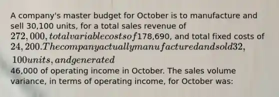 A company's master budget for October is to manufacture and sell 30,100 units, for a total sales revenue of 272,000, total variable costs of178,690, and total fixed costs of 24,200. The company actually manufactured and sold 32,100 units, and generated46,000 of operating income in October. The sales volume variance, in terms of operating income, for October was: