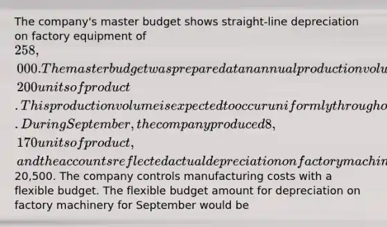 The company's master budget shows straight-line depreciation on factory equipment of 258,000. The master budget was prepared at an annual production volume of 103,200 units of product. This production volume is expected to occur uniformly throughout the year. During September, the company produced 8,170 units of product, and the accounts reflected actual depreciation on factory machinery of20,500. The company controls manufacturing costs with a flexible budget. The flexible budget amount for depreciation on factory machinery for September would be