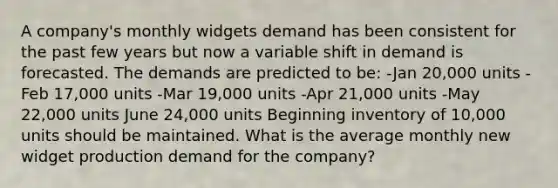 A company's monthly widgets demand has been consistent for the past few years but now a variable shift in demand is forecasted. The demands are predicted to be: -Jan 20,000 units -Feb 17,000 units -Mar 19,000 units -Apr 21,000 units -May 22,000 units June 24,000 units Beginning inventory of 10,000 units should be maintained. What is the average monthly new widget production demand for the company?