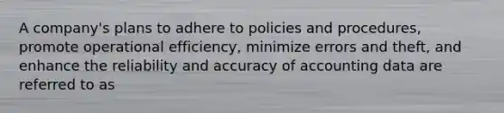 A company's plans to adhere to policies and procedures, promote operational efficiency, minimize errors and theft, and enhance the reliability and accuracy of accounting data are referred to as