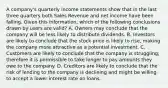 A company's quarterly income statements show that in the last three quarters both Sales Revenue and net income have been falling. Given this information, which of the following conclusions drawn by users are valid? A. Owners may conclude that the company will be less likely to distribute dividends. B. Investors are likely to conclude that the stock price is likely to rise, making the company more attractive as a potential investment. C. Customers are likely to conclude that the company is struggling; therefore it is permissible to take longer to pay amounts they owe to the company. D. Creditors are likely to conclude that the risk of lending to the company is declining and might be willing to accept a lower interest rate on loans.