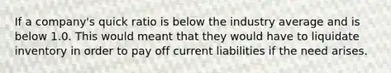 If a company's quick ratio is below the industry average and is below 1.0. This would meant that they would have to liquidate inventory in order to pay off current liabilities if the need arises.