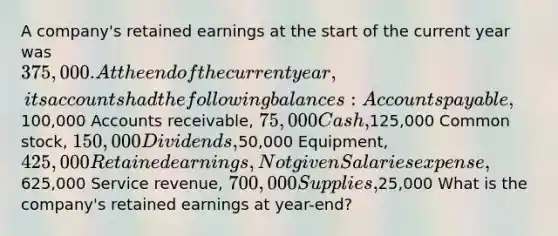 A company's retained earnings at the start of the current year was 375,000. At the end of the current year, its accounts had the following balances: Accounts payable,100,000 Accounts receivable, 75,000 Cash,125,000 Common stock, 150,000 Dividends,50,000 Equipment, 425,000 Retained earnings, Not given Salaries expense,625,000 Service revenue, 700,000 Supplies,25,000 What is the company's retained earnings at year-end?