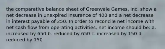 the comparative balance sheet of Greenvale Games, Inc. show a net decrease in unexpired insurance of 400 and a net decrease in interest payable of 250. In order to reconcile net income with net cash flow from operating activities, net income should be: a. increased by 650 b. reduced by 650 c. increased by 150 d. reduced by 150