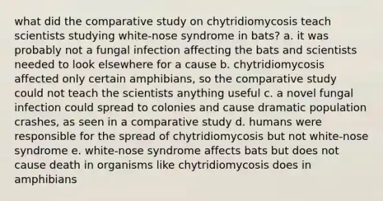 what did the comparative study on chytridiomycosis teach scientists studying white-nose syndrome in bats? a. it was probably not a fungal infection affecting the bats and scientists needed to look elsewhere for a cause b. chytridiomycosis affected only certain amphibians, so the comparative study could not teach the scientists anything useful c. a novel fungal infection could spread to colonies and cause dramatic population crashes, as seen in a comparative study d. humans were responsible for the spread of chytridiomycosis but not white-nose syndrome e. white-nose syndrome affects bats but does not cause death in organisms like chytridiomycosis does in amphibians