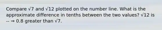 Compare √7 and √12 plotted on the number line. What is the approximate difference in tenths between the two values? √12 is -- ⇒ 0.8 greater than √7.
