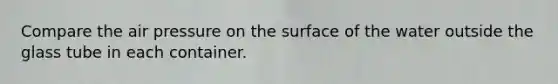 Compare the air pressure on the surface of the water outside the glass tube in each container.
