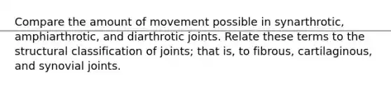 Compare the amount of movement possible in synarthrotic, amphiarthrotic, and diarthrotic joints. Relate these terms to the structural classification of joints; that is, to fibrous, cartilaginous, and synovial joints.