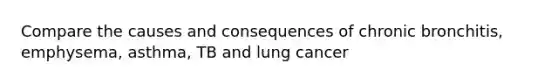 Compare the causes and consequences of chronic bronchitis, emphysema, asthma, TB and lung cancer