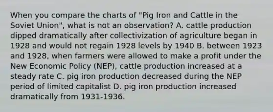 When you compare the charts of "Pig Iron and Cattle in the Soviet Union", what is not an observation? A. cattle production dipped dramatically after collectivization of agriculture began in 1928 and would not regain 1928 levels by 1940 B. between 1923 and 1928, when farmers were allowed to make a profit under the New Economic Policy (NEP), cattle production increased at a steady rate C. pig iron production decreased during the NEP period of limited capitalist D. pig iron production increased dramatically from 1931-1936.