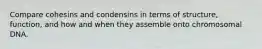 Compare cohesins and condensins in terms of structure, function, and how and when they assemble onto chromosomal DNA.