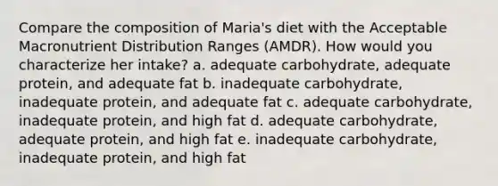 Compare the composition of Maria's diet with the Acceptable Macronutrient Distribution Ranges (AMDR). How would you characterize her intake? a. adequate carbohydrate, adequate protein, and adequate fat b. inadequate carbohydrate, inadequate protein, and adequate fat c. adequate carbohydrate, inadequate protein, and high fat d. adequate carbohydrate, adequate protein, and high fat e. inadequate carbohydrate, inadequate protein, and high fat