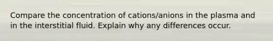 Compare the concentration of cations/anions in the plasma and in the interstitial fluid. Explain why any differences occur.