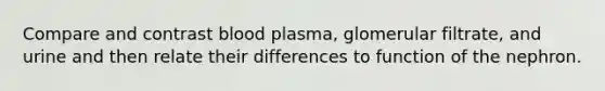 Compare and contrast blood plasma, glomerular filtrate, and urine and then relate their differences to function of the nephron.