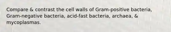 Compare & contrast the cell walls of Gram-positive bacteria, Gram-negative bacteria, acid-fast bacteria, archaea, & mycoplasmas.