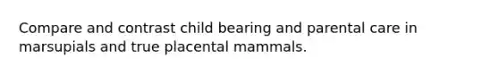 Compare and contrast child bearing and parental care in marsupials and true placental mammals.