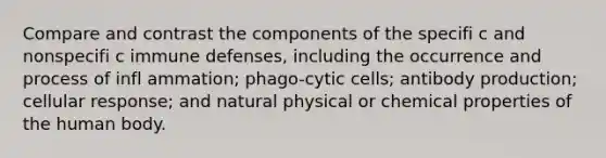 Compare and contrast the components of the specifi c and nonspecifi c immune defenses, including the occurrence and process of infl ammation; phago-cytic cells; antibody production; cellular response; and natural physical or chemical properties of the human body.