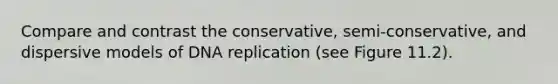 Compare and contrast the conservative, semi-conservative, and dispersive models of DNA replication (see Figure 11.2).