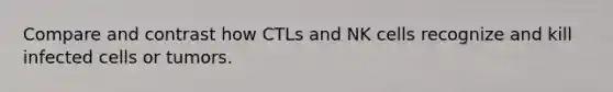 Compare and contrast how CTLs and NK cells recognize and kill infected cells or tumors.