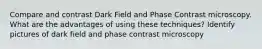 Compare and contrast Dark Field and Phase Contrast microscopy. What are the advantages of using these techniques? Identify pictures of dark field and phase contrast microscopy