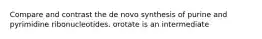 Compare and contrast the de novo synthesis of purine and pyrimidine ribonucleotides. orotate is an intermediate