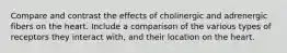 Compare and contrast the effects of cholinergic and adrenergic fibers on the heart. Include a comparison of the various types of receptors they interact with, and their location on the heart.