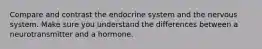 Compare and contrast the endocrine system and the nervous system. Make sure you understand the differences between a neurotransmitter and a hormone.