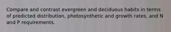 Compare and contrast evergreen and deciduous habits in terms of predicted distribution, photosynthetic and growth rates, and N and P requirements.