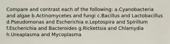 Compare and contrast each of the following: a.Cyanobacteria and algae b.Actinomycetes and fungi c.Bacillus and Lactobacillus d.Pseudomonas and Escherichia e.Leptospira and Spirillum f.Escherichia and Bacteroides g.Rickettsia and Chlamydia h.Ureaplasma and Mycoplasma