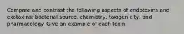 Compare and contrast the following aspects of endotoxins and exotoxins: bacterial source, chemistry, toxigenicity, and pharmacology. Give an example of each toxin.