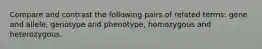 Compare and contrast the following pairs of related terms: gene and allele, genotype and phenotype, homozygous and heterozygous.